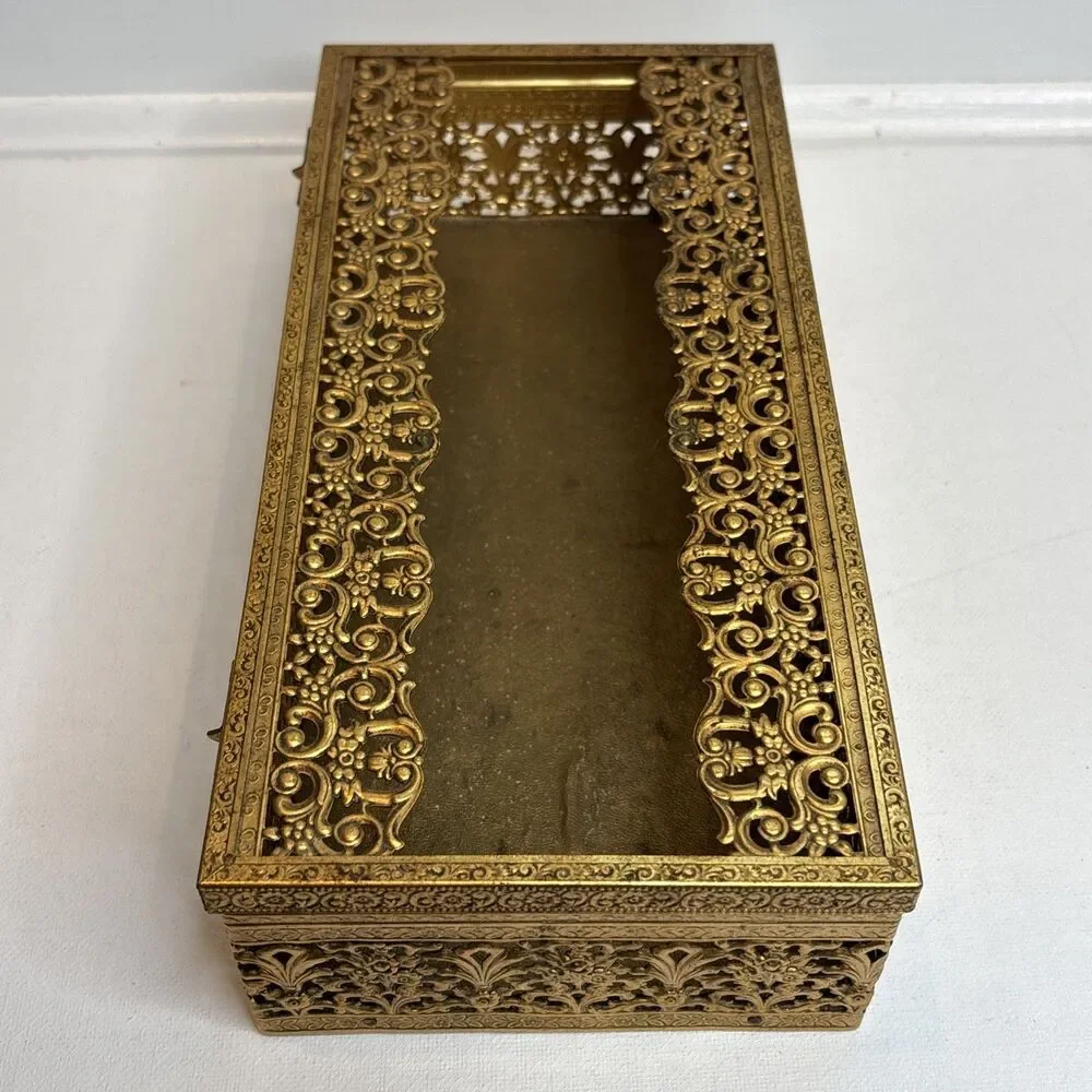 MCM Gold Tone Tissue Kleenex Box Filigree Holder Ornate Hollywood Regency
